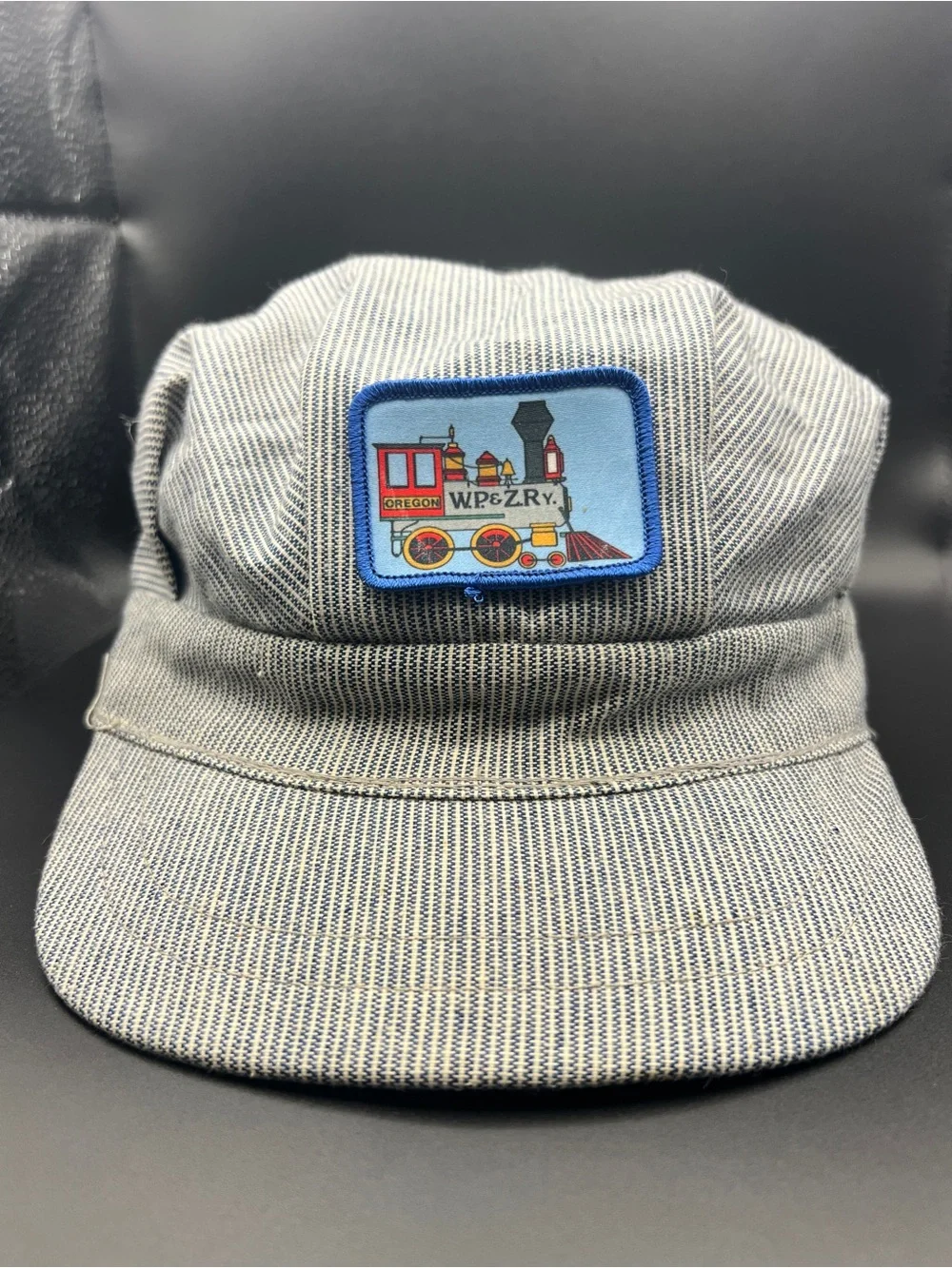 Striped Railroad Train Conductor Cap Hat with Blue Patch Oregon W.P. & ZRy.
